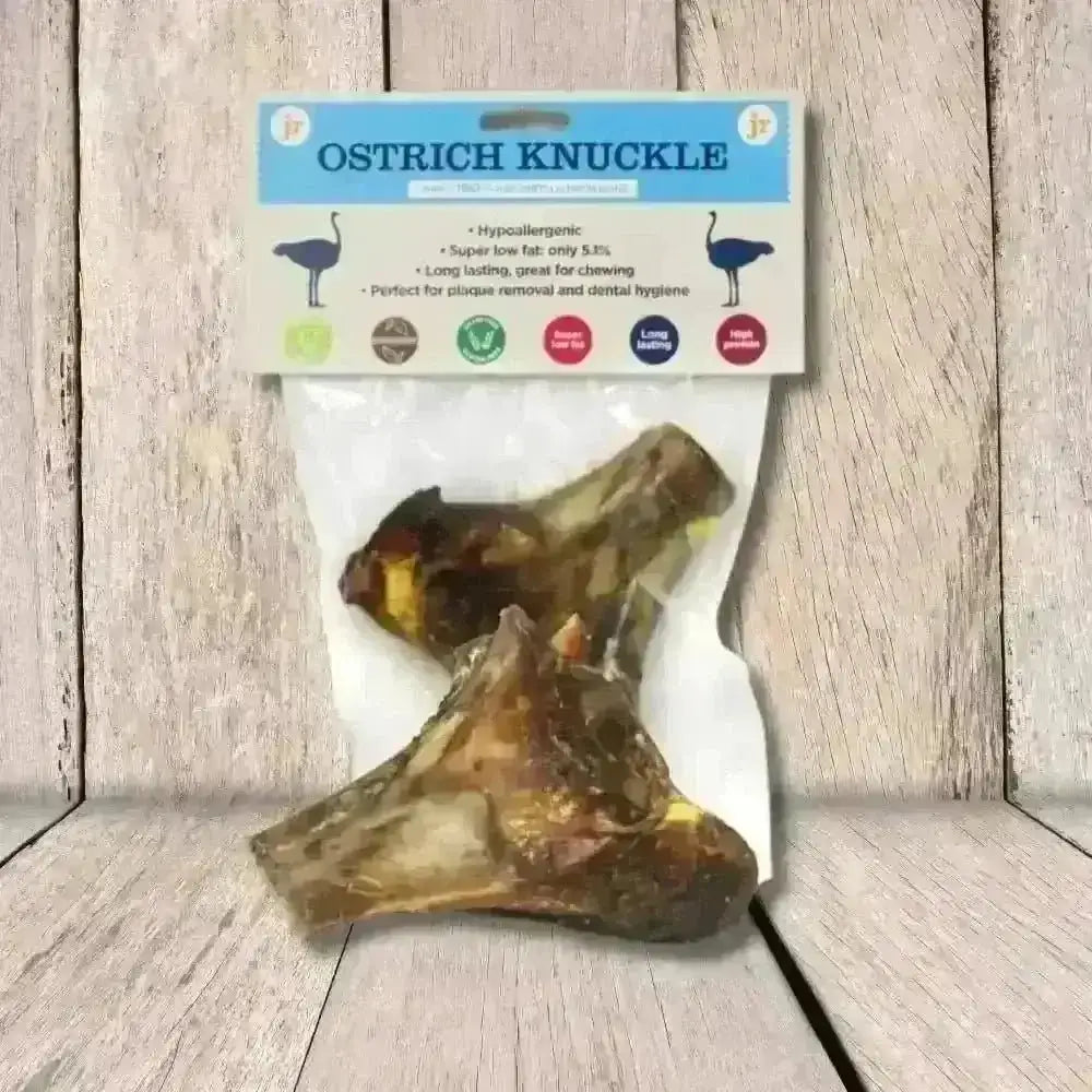 JR Ostrich Knuckle Bone in clear packaging with green label