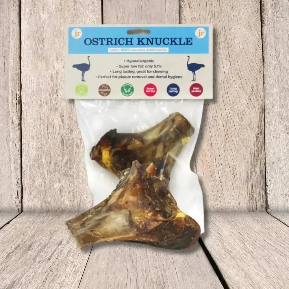 JR Ostrich Knuckle Bone in clear packaging with green label
