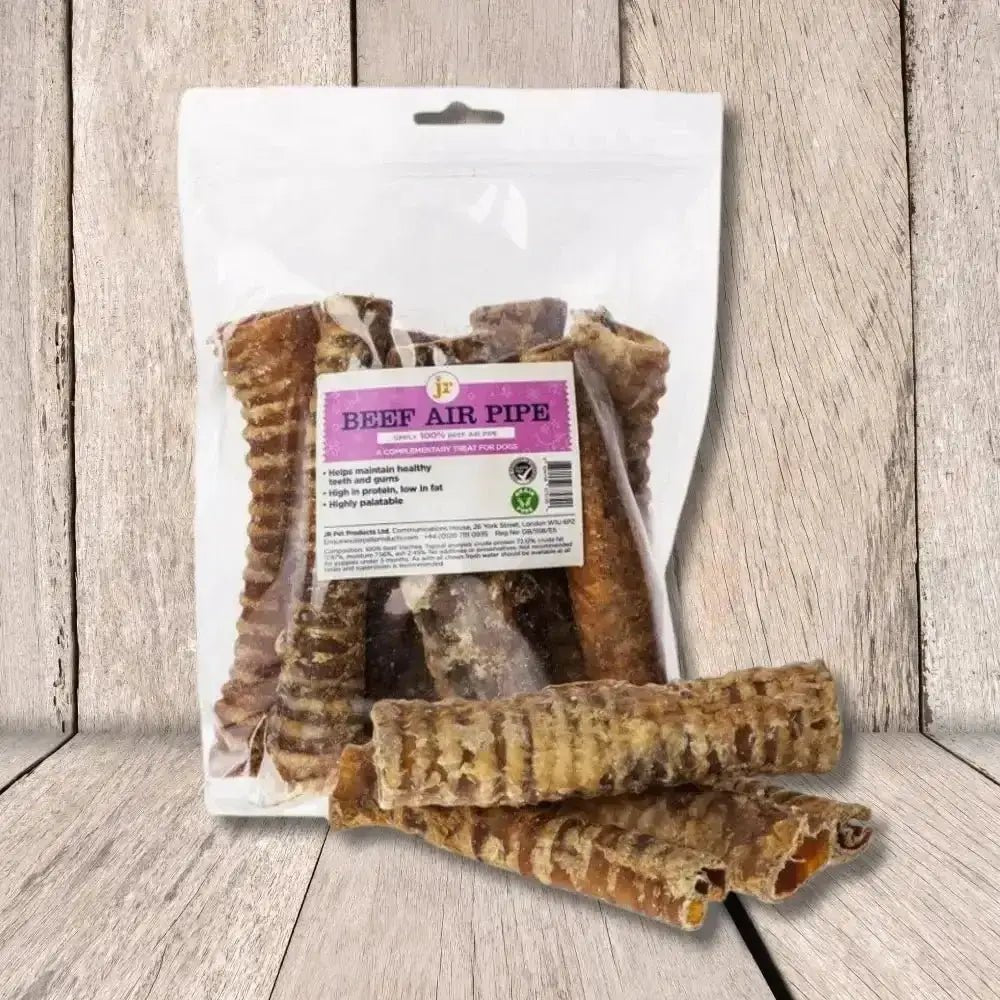 Pet products Beef Air Pipe Dog Treat Bag with purple label, white background