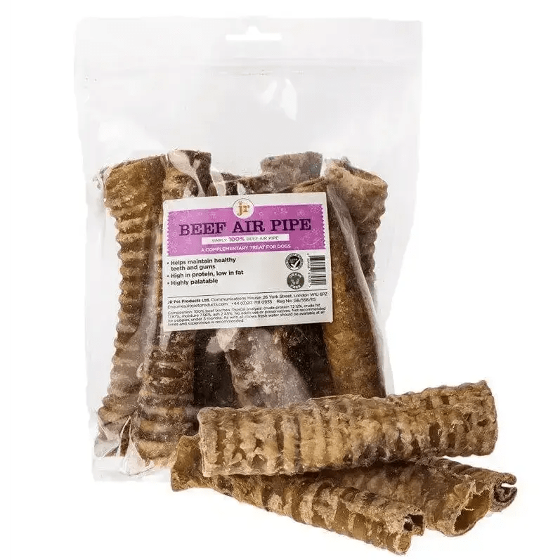 Beef air pipe dog treat bag with purple label and natural leather texture for pet products