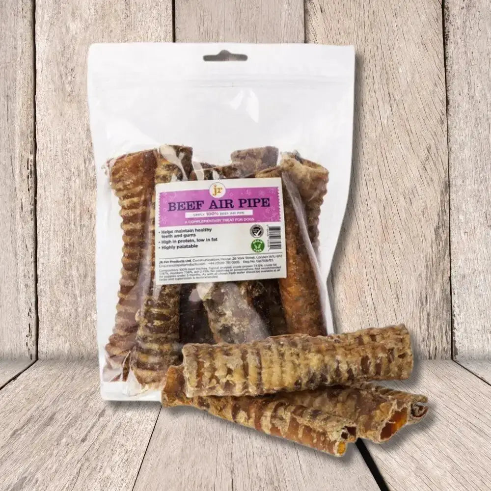 Pet products Beef Air Pipe Dog Treat Bag with purple label, white background