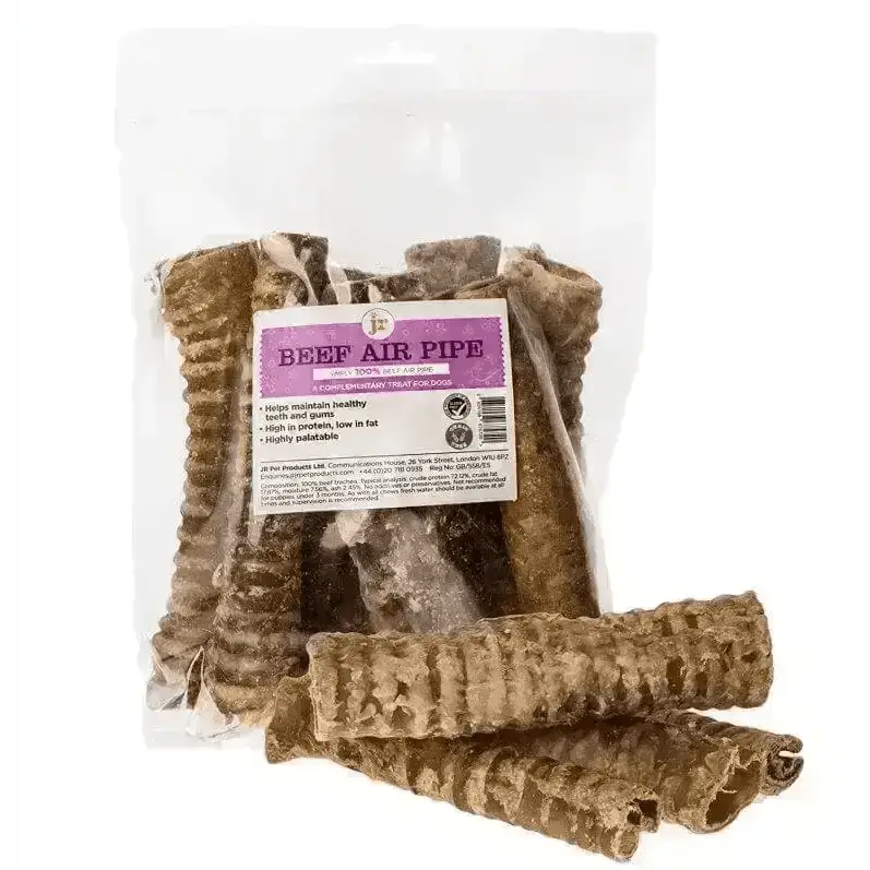 Beef air pipe dog treat bag with purple label and natural leather texture for pet products