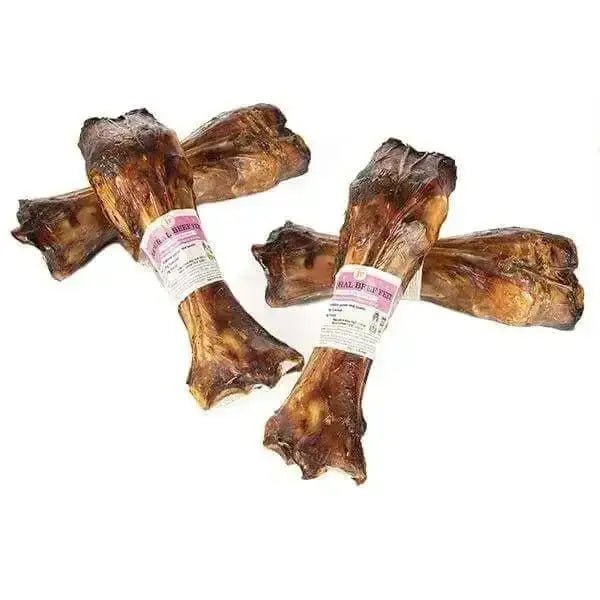 Brown and white beef shin bone-shaped dog treat from JR Pet Products