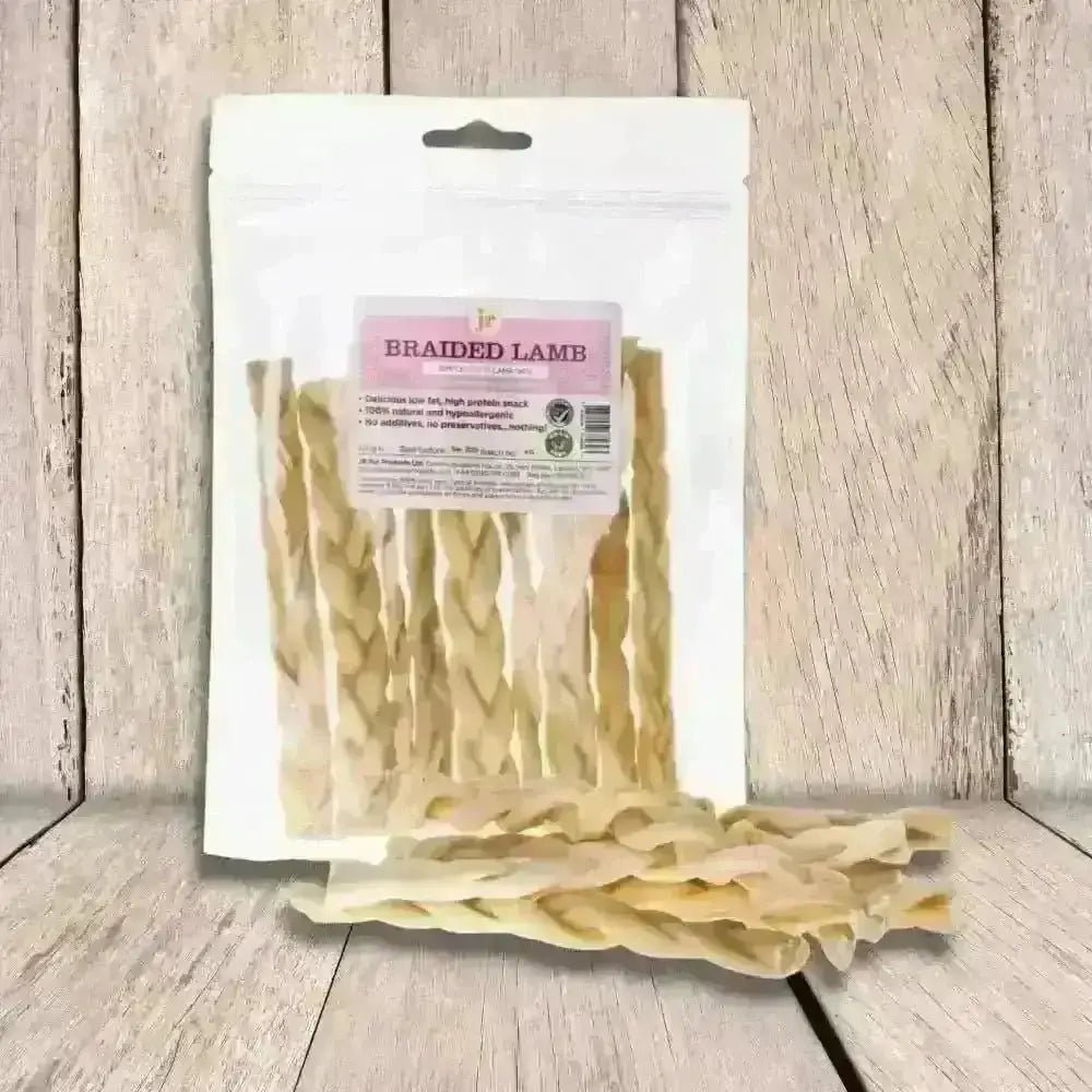 JR Pet Products Braided Lamb treat bag with pink label and twisted meat strips