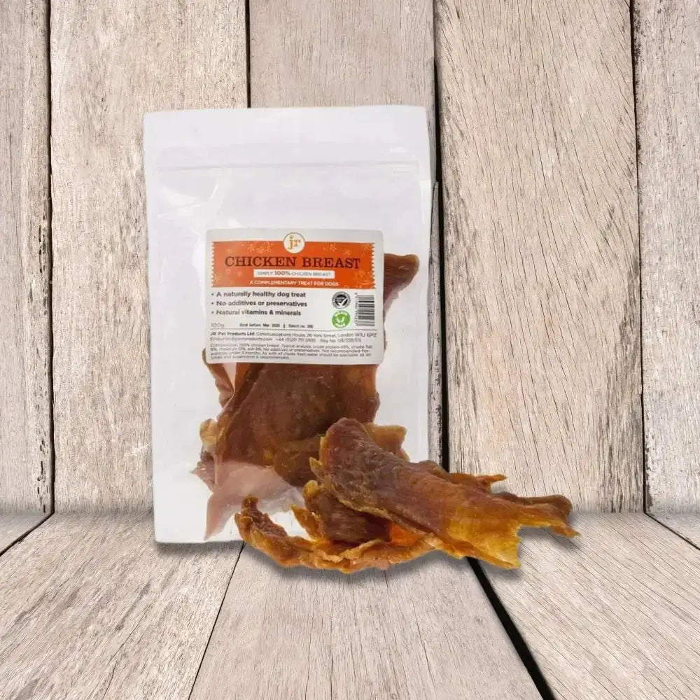 JR Pet Products Chicken Breast Jerky in brown-yellow bag
