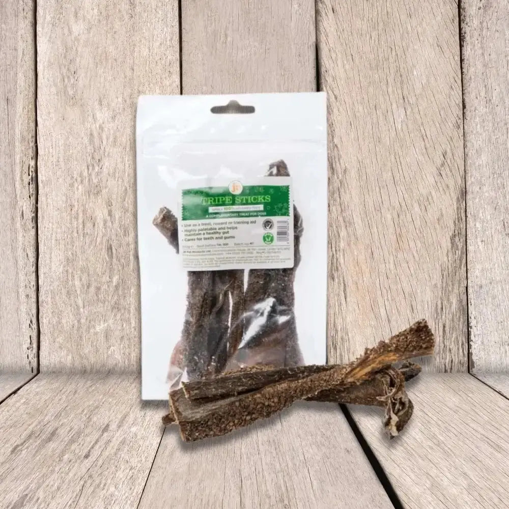 Natural dog chew treat in clear bag with Nature’s Bones label, part of JR Pet Products dried tripe line