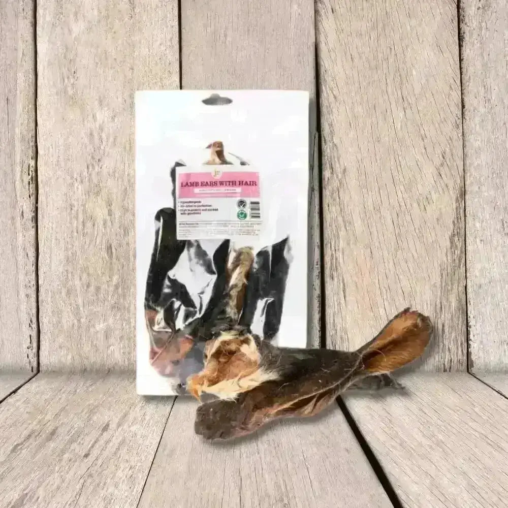 JR Pet Products grain free dog lamb ears with hair in leather treat bag