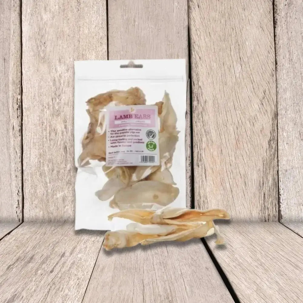 JR Pet Products grain free lamb ears dog snack bag on white background