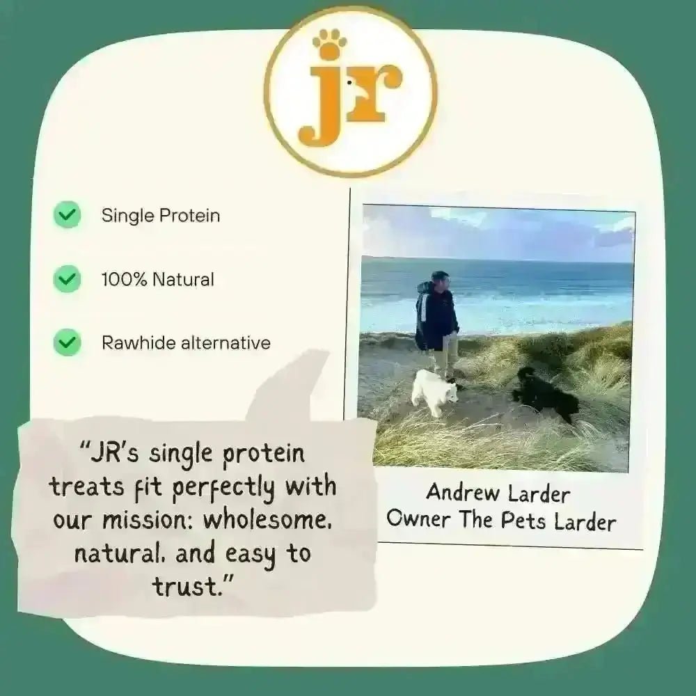 JR Pet Products grain free dog lamb ears treat with orange paw print on teal background