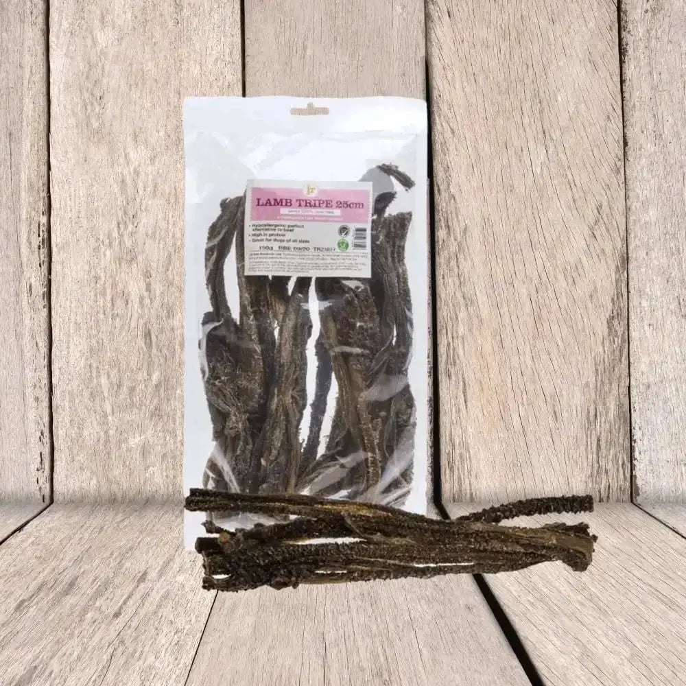JR Pet Products Lamb Tripe in clear plastic bag with pink label