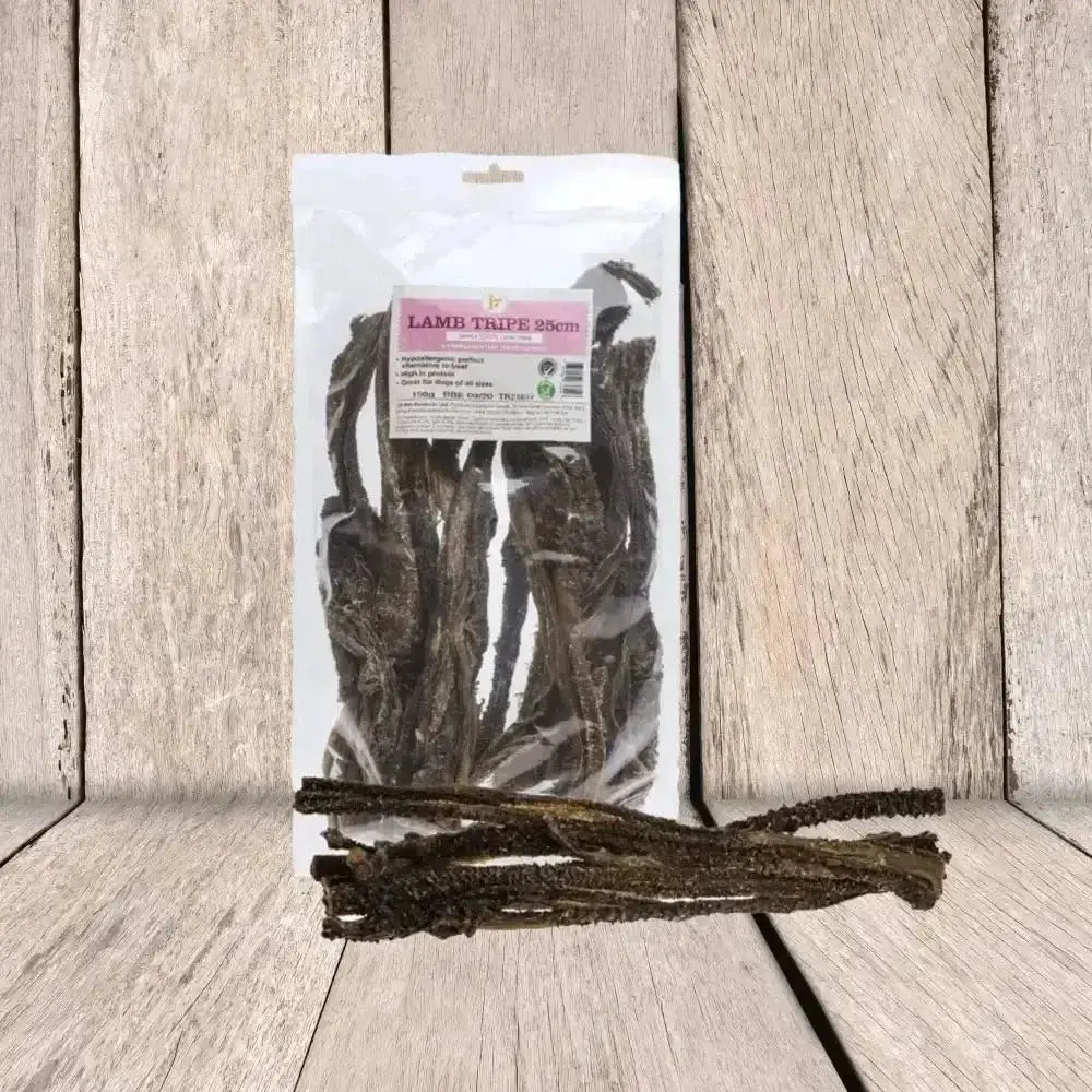 JR Pet Products Lamb Tripe in clear plastic bag with pink label