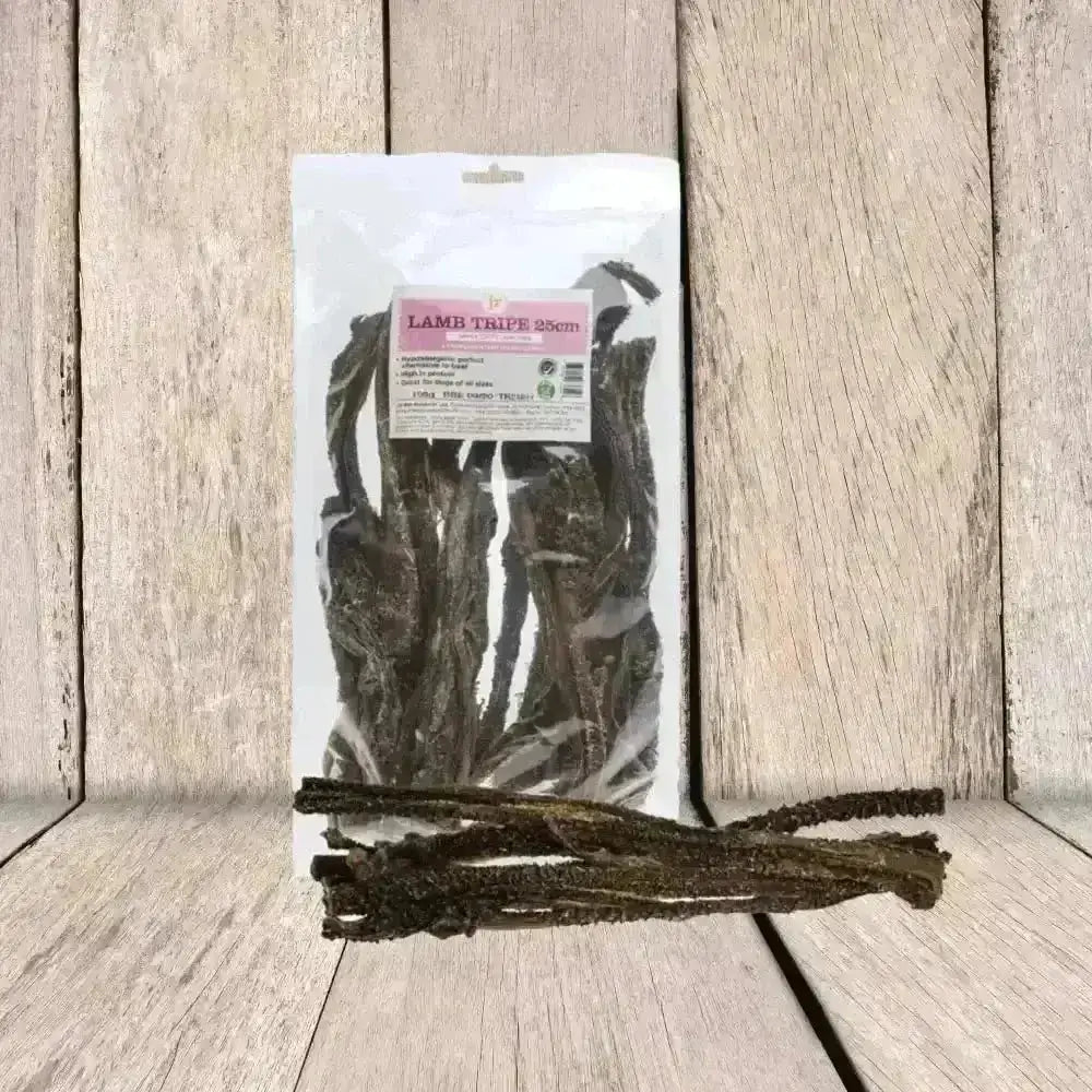 JR Pet Products Lamb Tripe in clear plastic bag with pink label