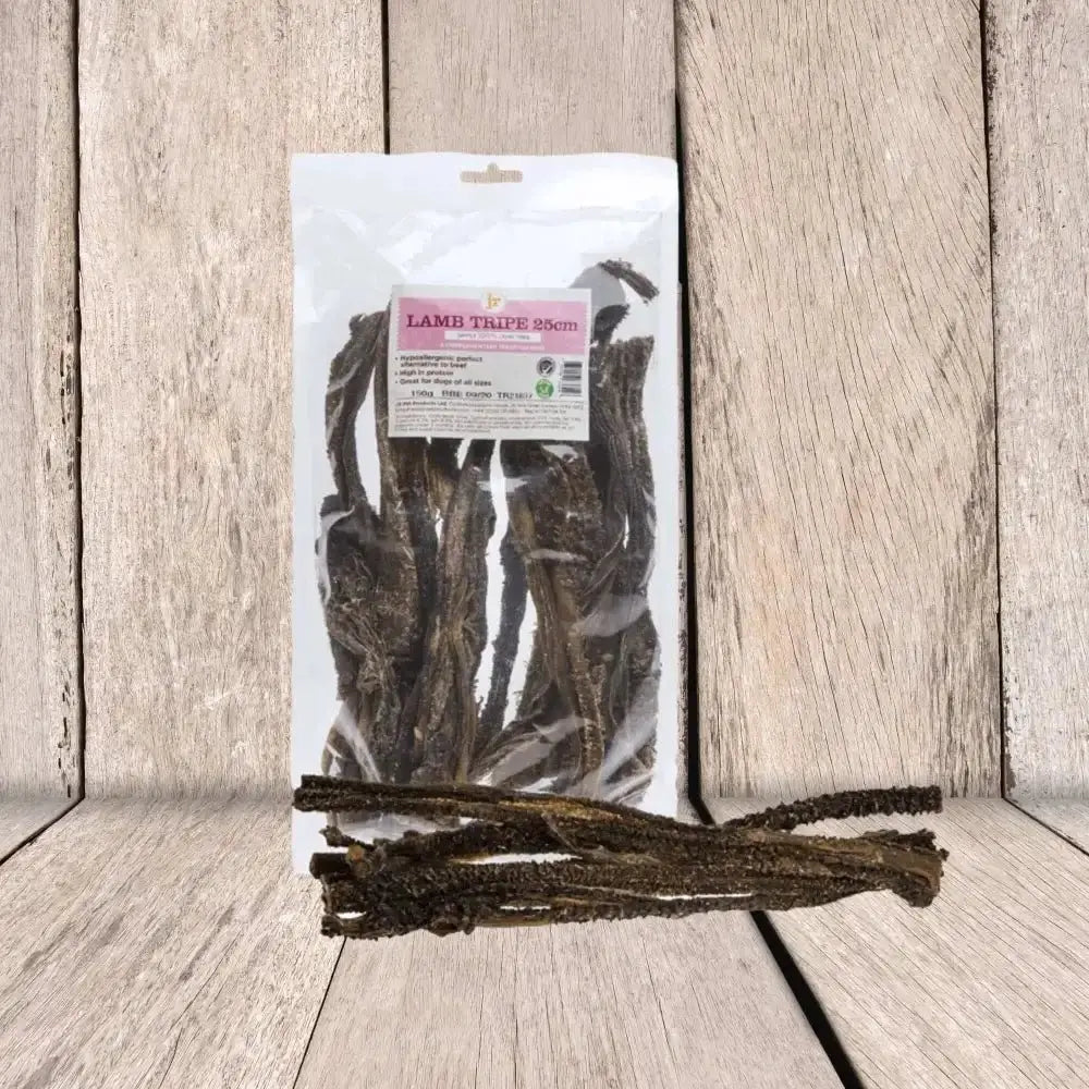 JR Pet Products Lamb Tripe in clear plastic bag with pink label