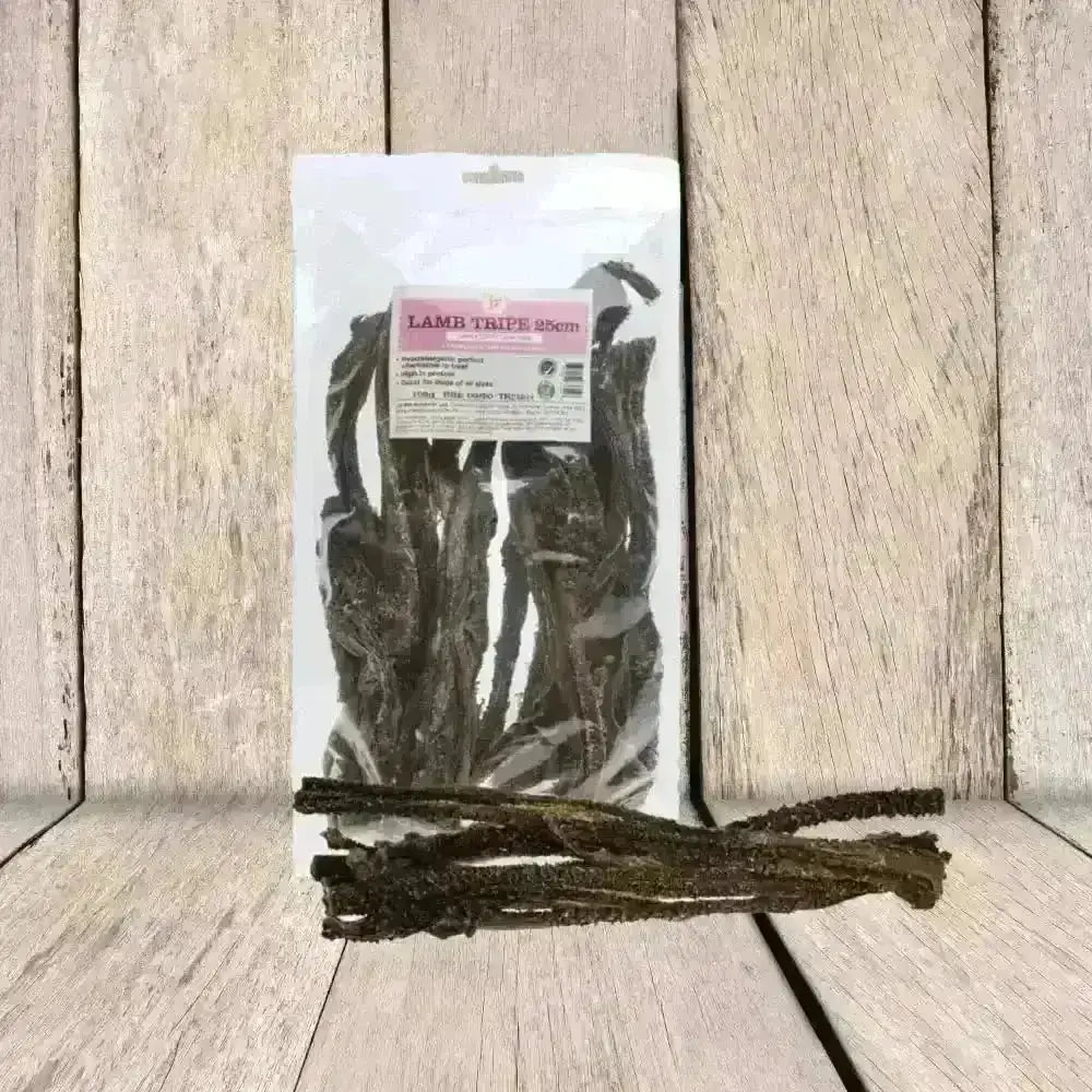 JR Pet Products Lamb Tripe in clear plastic bag with pink label