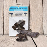 JR Pet Products gluten free ostrich biltong pet treats in clear package