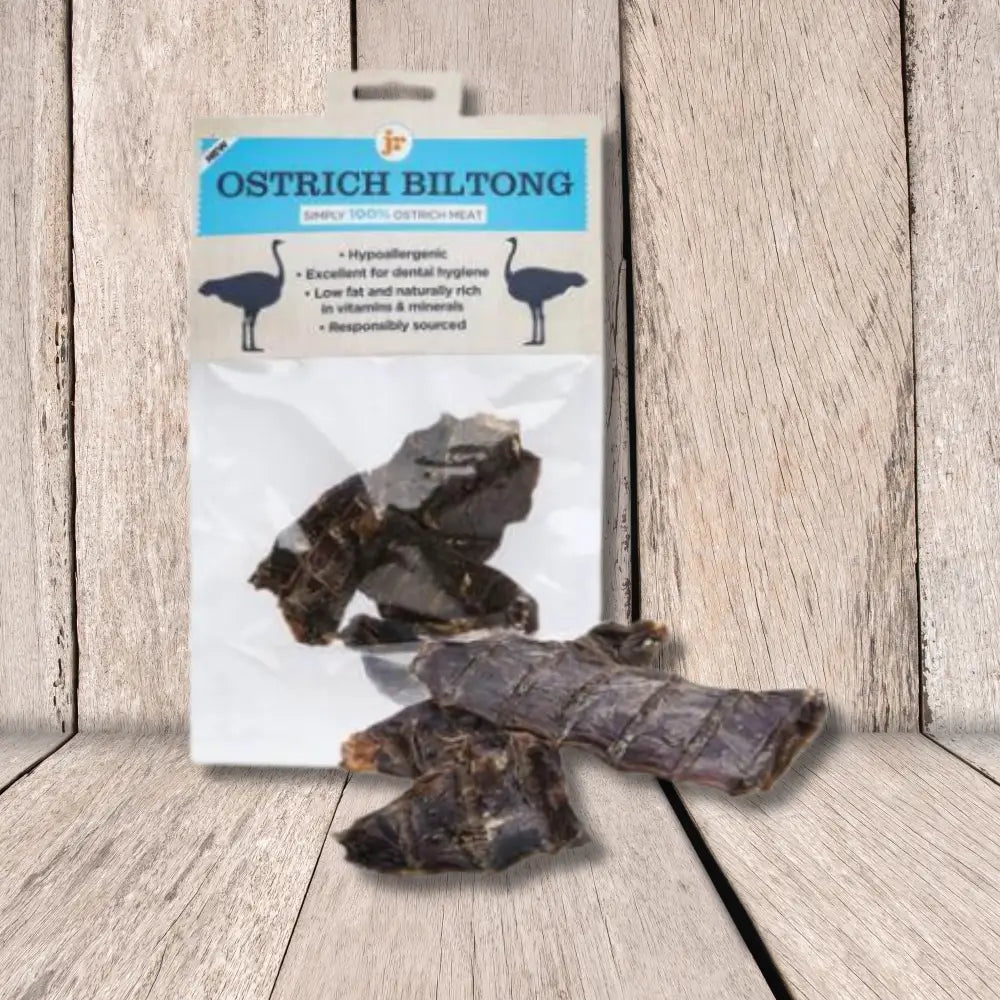JR Pet Products gluten free ostrich biltong pet treats in clear package