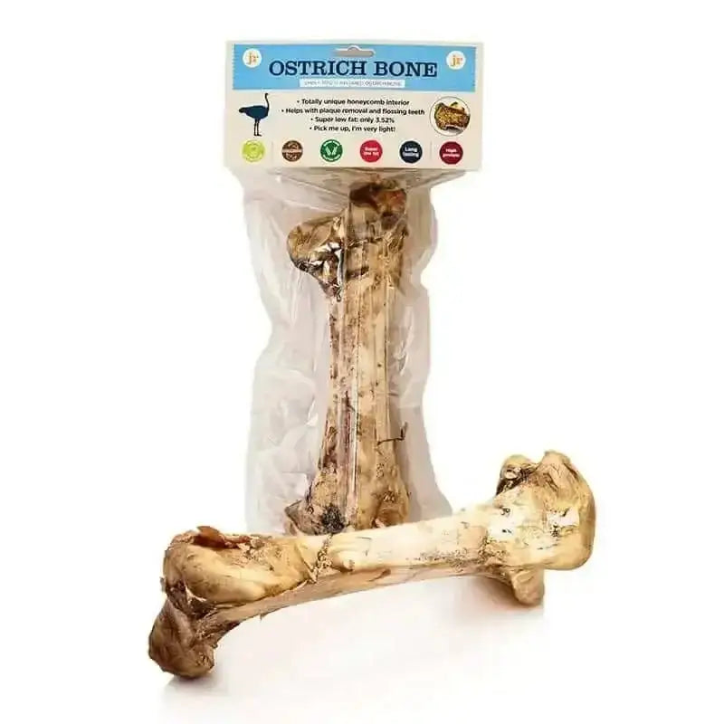 JR Pet Products ostrich bone chew toy in clear packaging with blue label