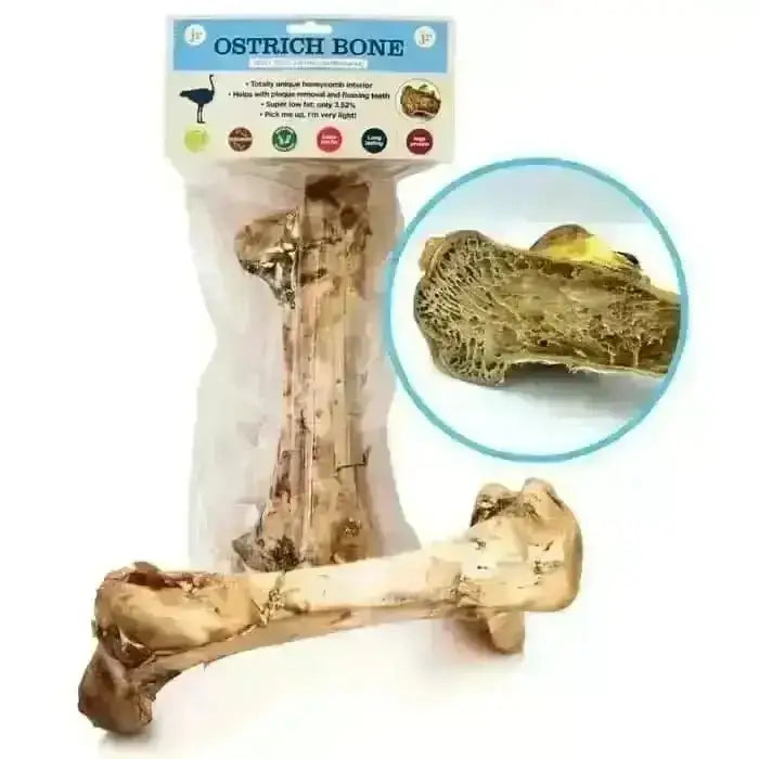 JR Pet Products Ostrich Bone chew toy in packaging, natural texture for pet dental health