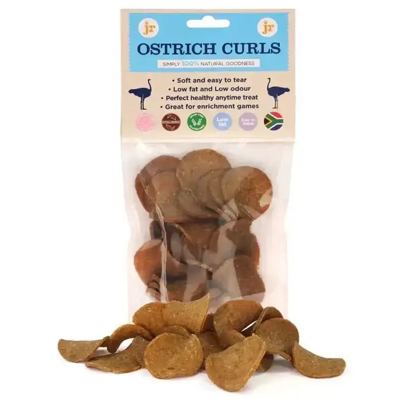 JR Pet Products Ostrich Curls dog treats in clear bag with blue label
