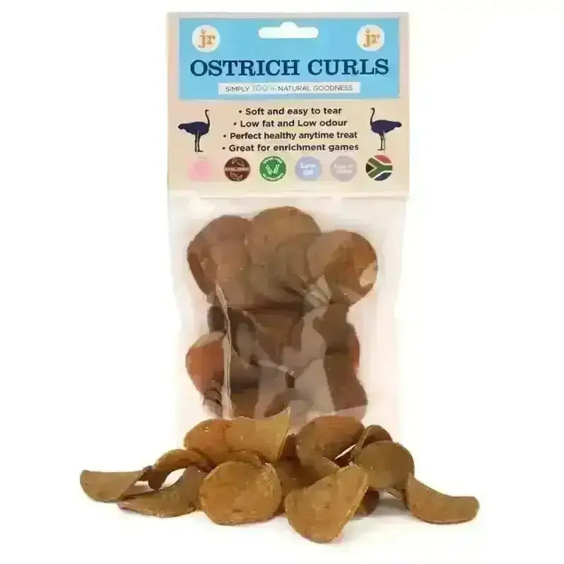 JR Pet Products Ostrich Curls dog treats in clear bag with blue label