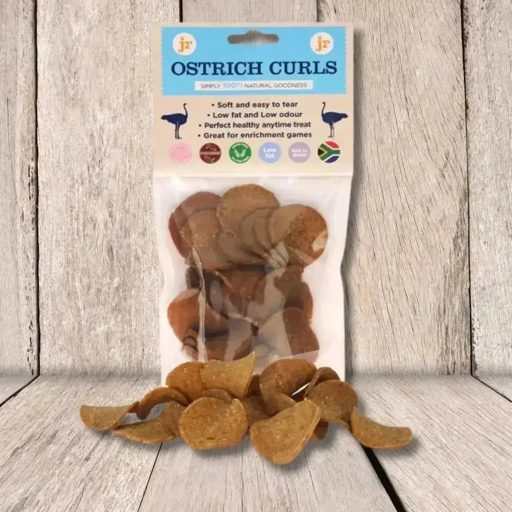 JR Pet Products Ostrich Curls dog treat bag with brown curled pieces