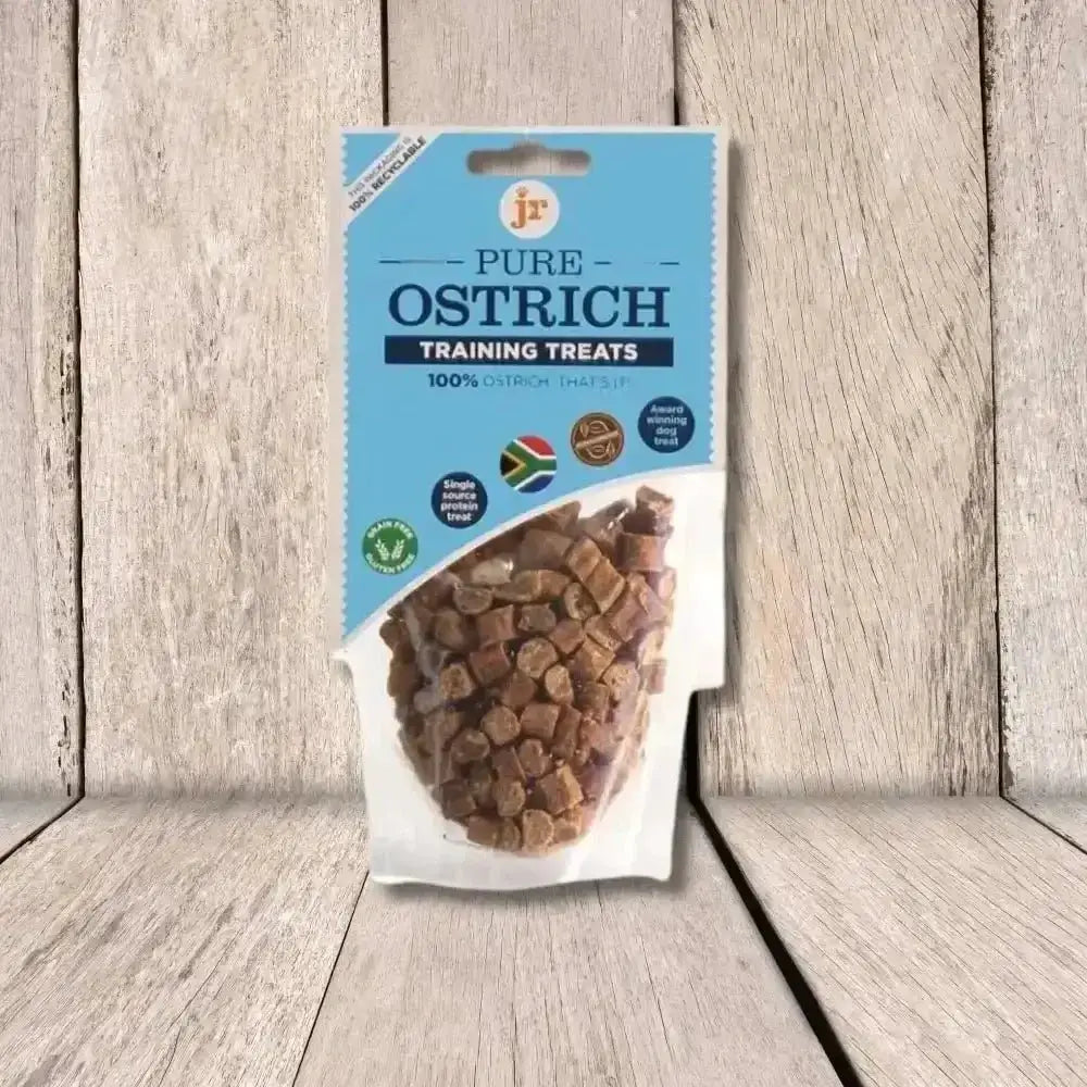 100% Ostrich Training Treats in clear plastic packaging with blue and white label for JR Pet Products