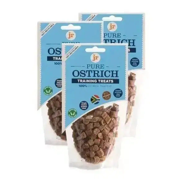 Pure Ostrich Training Treats bag with brown cubes and blue label for effective ostrich training