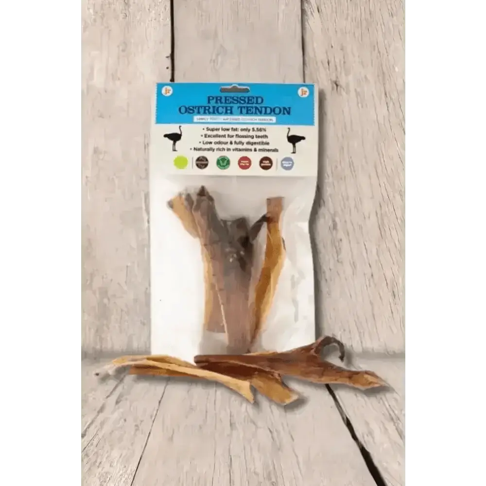 JR Pet Products Pressed Ostrich Tendon chew toy in natural tan packaging
