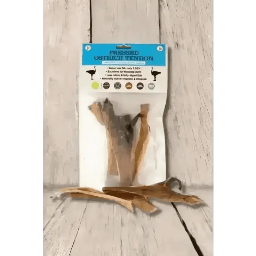 JR Pet Products Pressed Ostrich Tendon chew toy in natural tan packaging