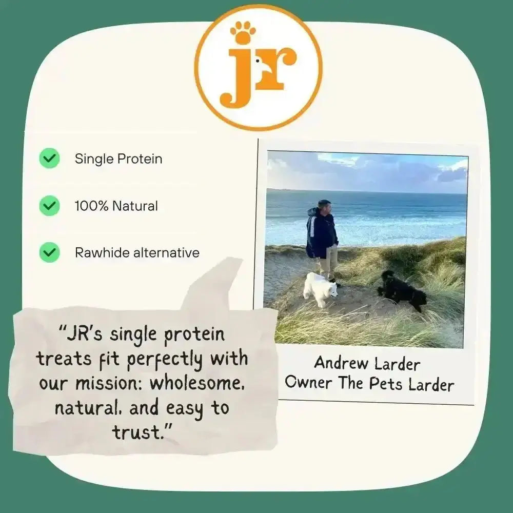 JR Pet Products Pure Beef Coin treat with orange paw print and green checkmarks on teal background