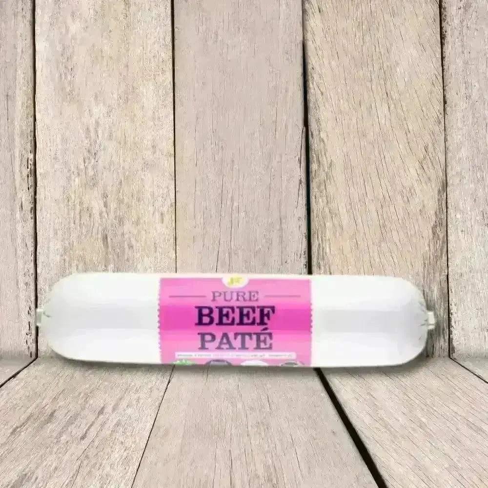JR Pet Products Pure Beef Pate 200g in pink and white package on wood
