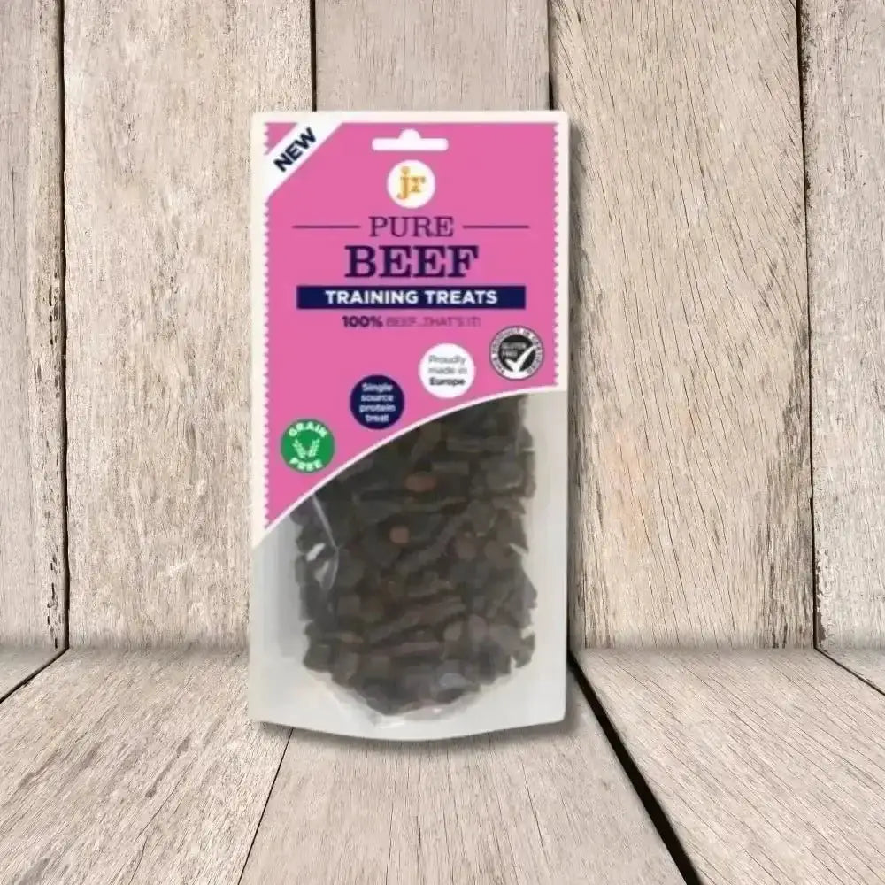 Pure beef training treats in clear bag with pink label for JR Pet Products