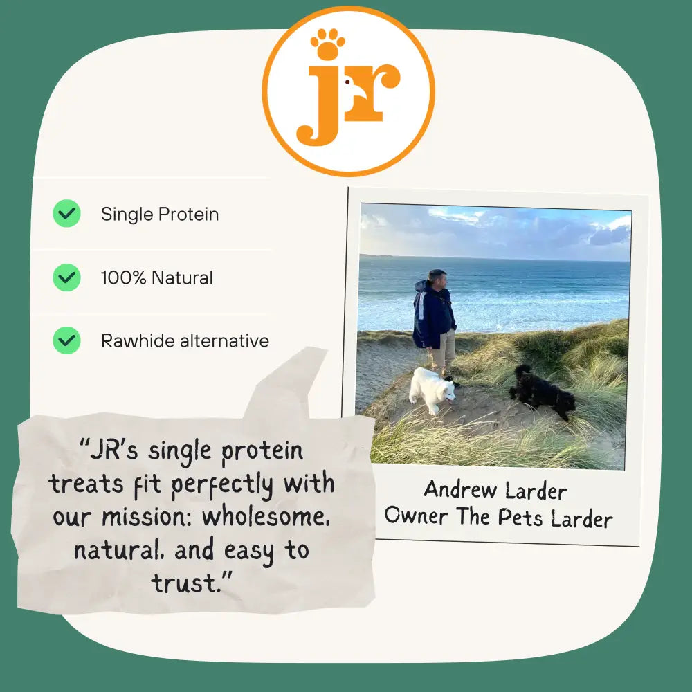 JR Pet Products Pure Duck Coins orange paw print logo with green checkmarks