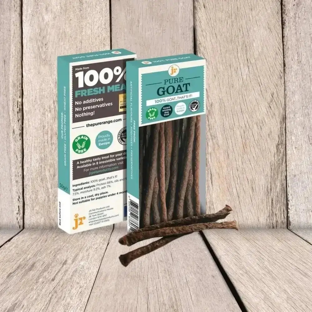 Pure Goat Sticks dog treats in teal and white packaging, 100% fresh pet products pure goat
