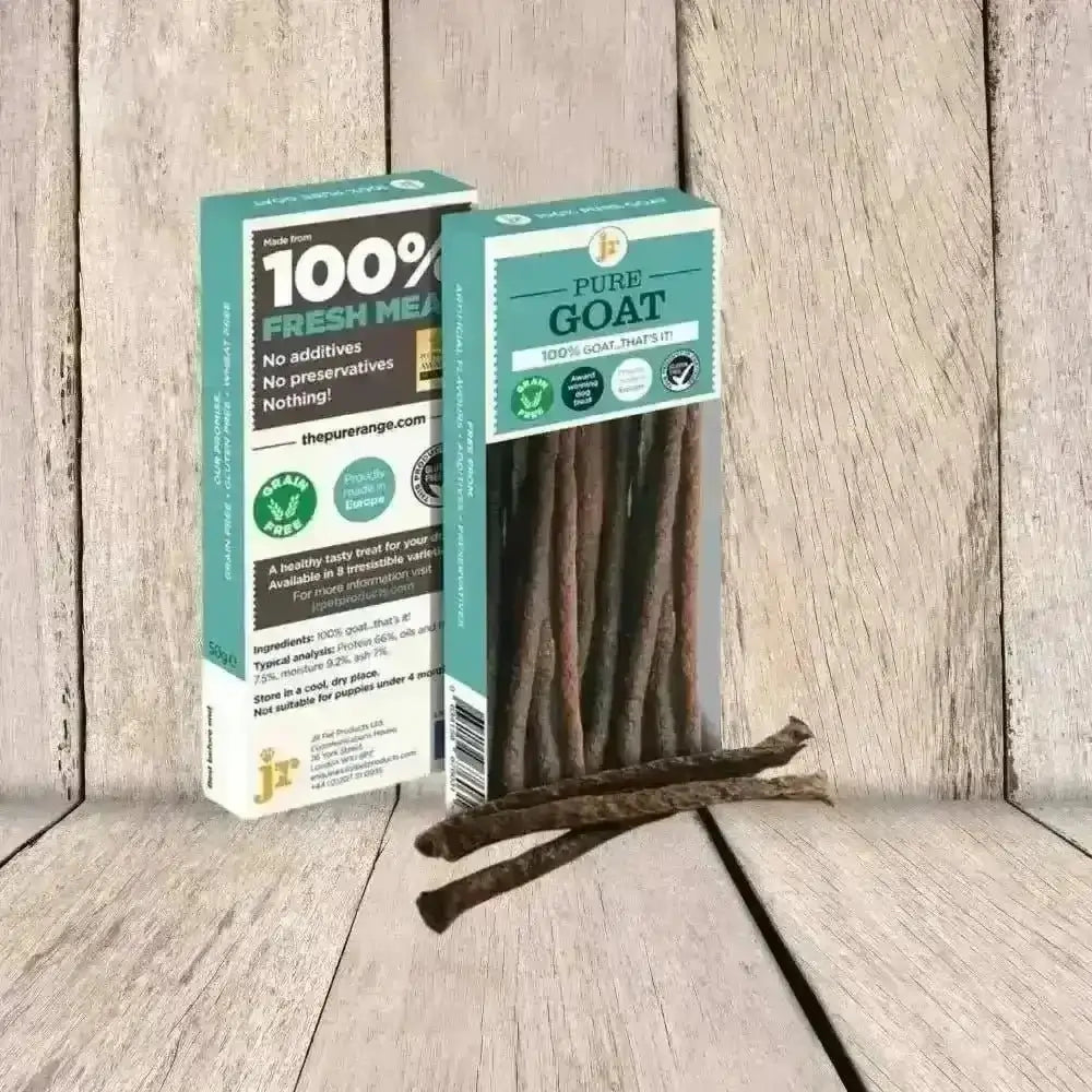 Pure Goat Sticks dog treats in teal and white packaging, 100% fresh pet products pure goat