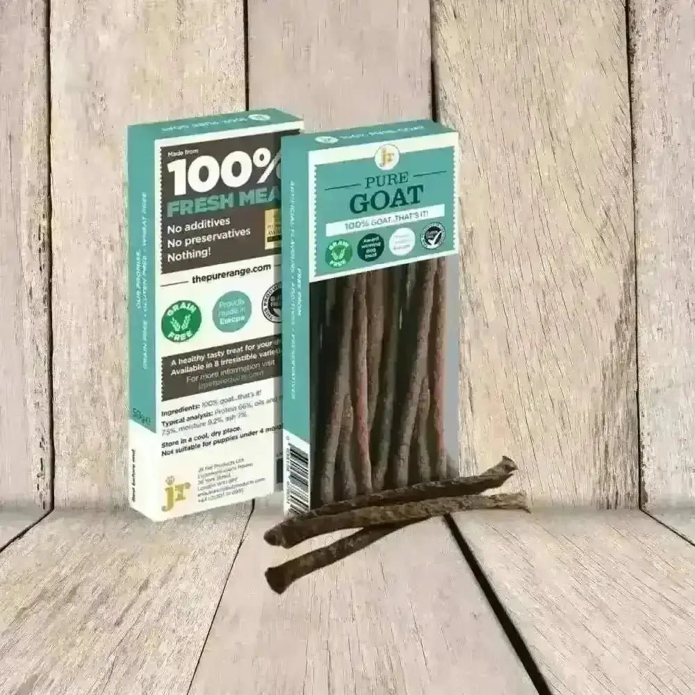 Pure Goat Sticks dog treats in teal and white packaging, 100% fresh pet products pure goat