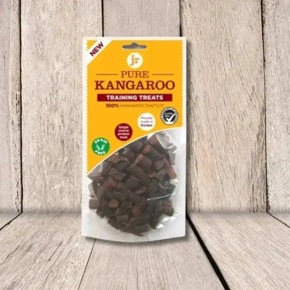 Pure Kangaroo Training Treats bagged in clear plastic with dark brown meat chunks for training