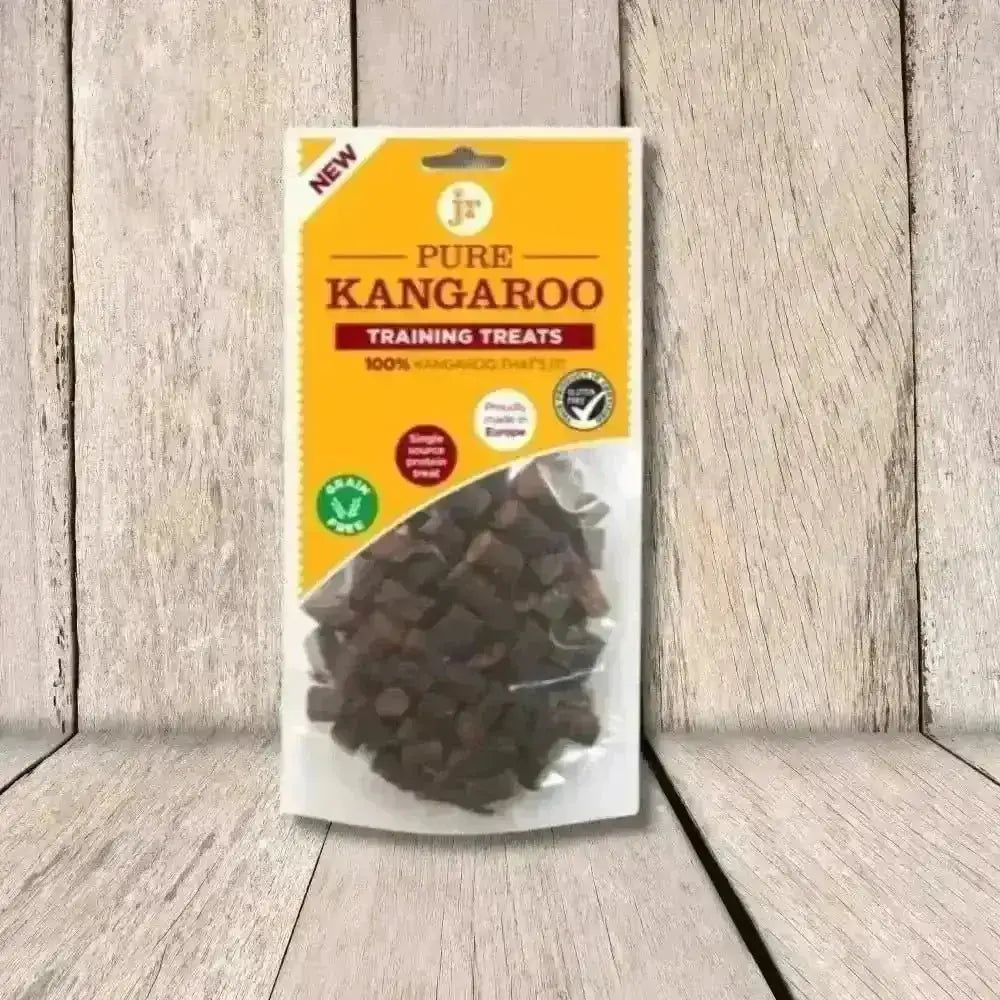Pure Kangaroo Training Treats bagged in clear plastic with dark brown meat chunks for training