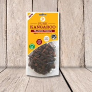 Pure Kangaroo Training Treats bagged in clear plastic with dark brown meat chunks for training