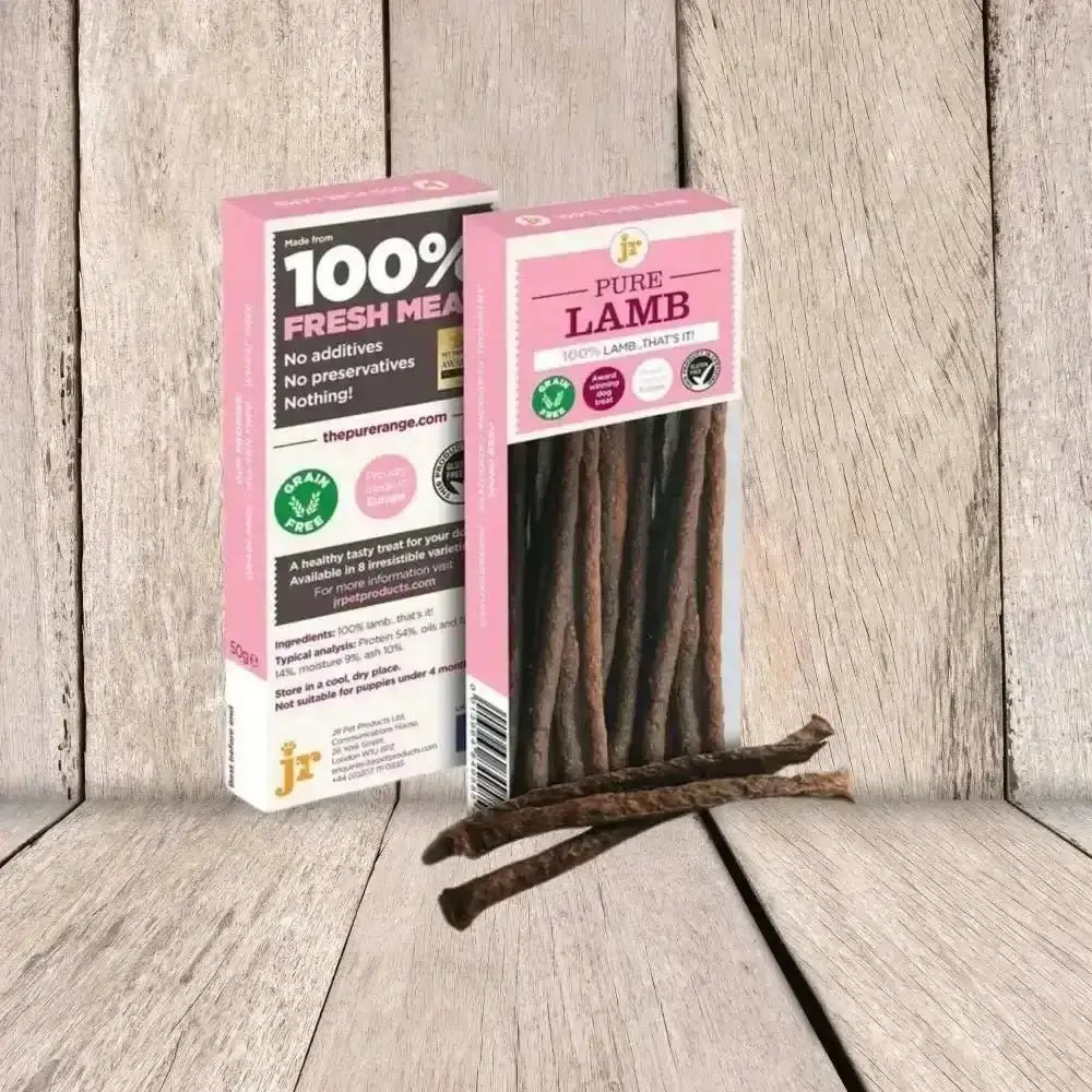Pure lamb pet products from JR Pet Products with fresh lamb sticks in pink packaging