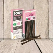 Pure lamb pet products from JR Pet Products with fresh lamb sticks in pink packaging