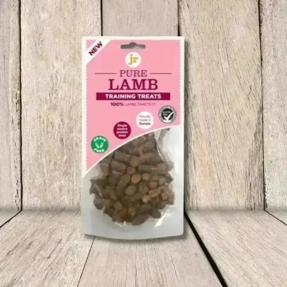 Pure lamb training treats in clear plastic packaging with pink label for JR Pet Products