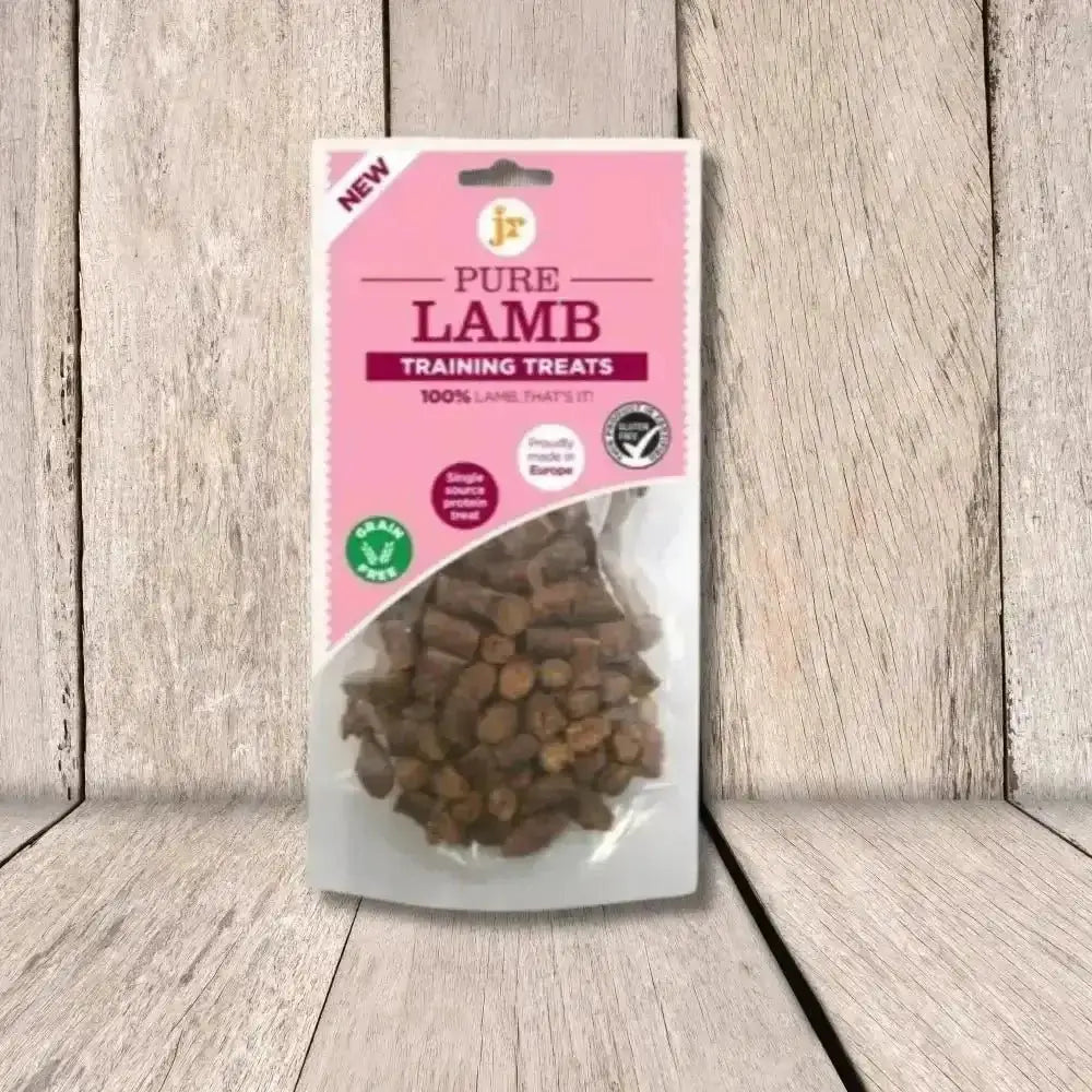 Pure lamb training treats in clear plastic packaging with pink label for JR Pet Products