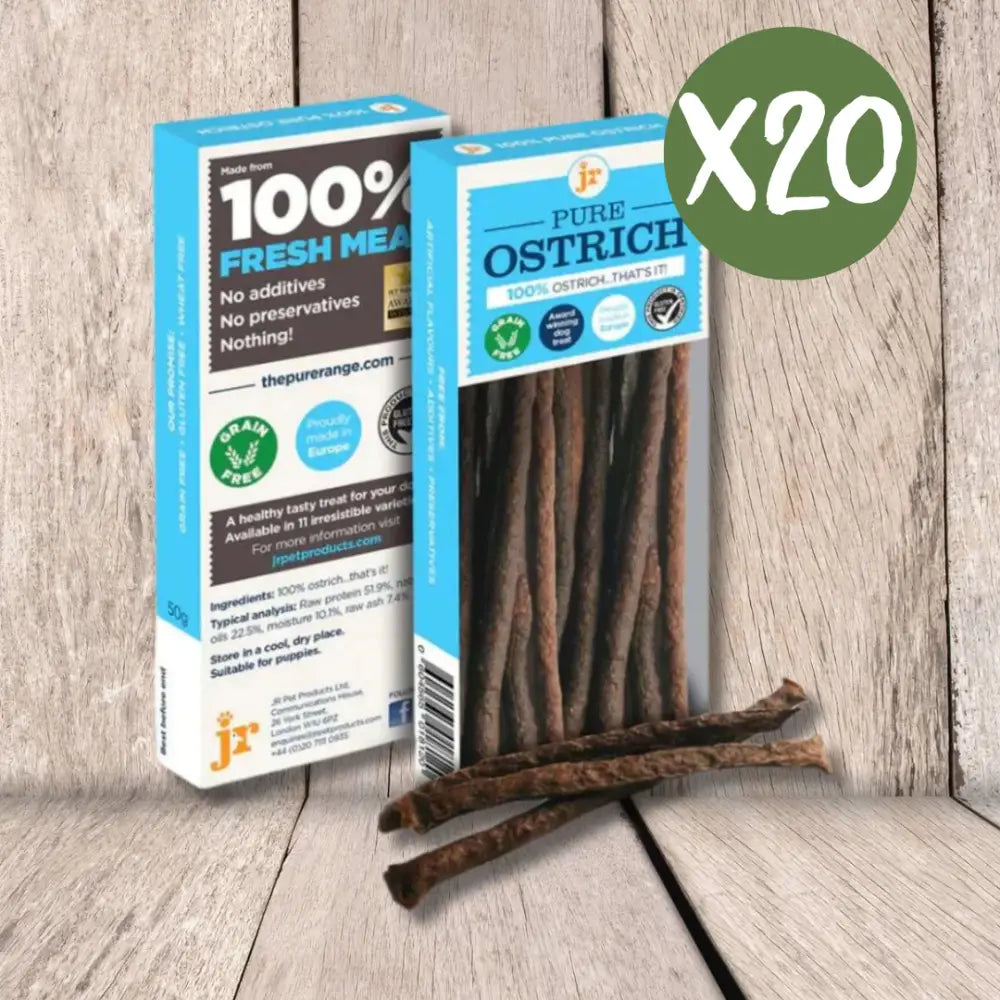 JR Pet Products Pure Ostrich Sticks: 100% Fresh Ostrich Meat Dog Treats, 20 Count