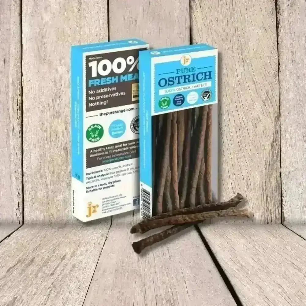 100% fresh ostrich meat pet treats in natural jerky sticks with blue and white labels