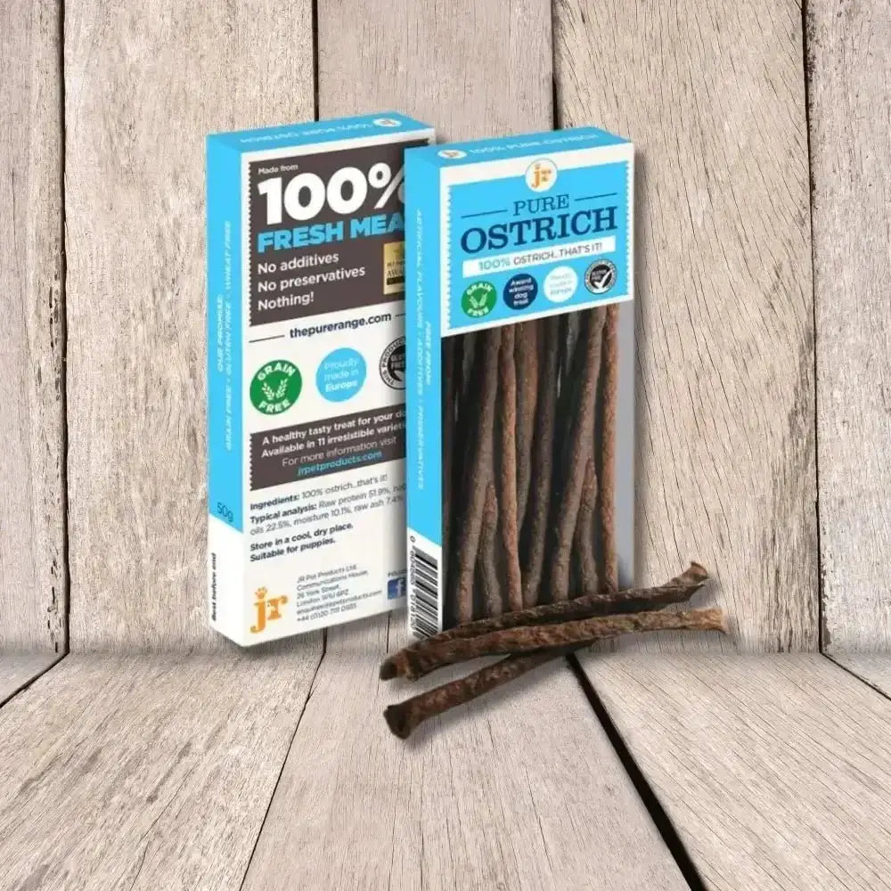 100% fresh ostrich meat pet treats in natural jerky sticks with blue and white labels