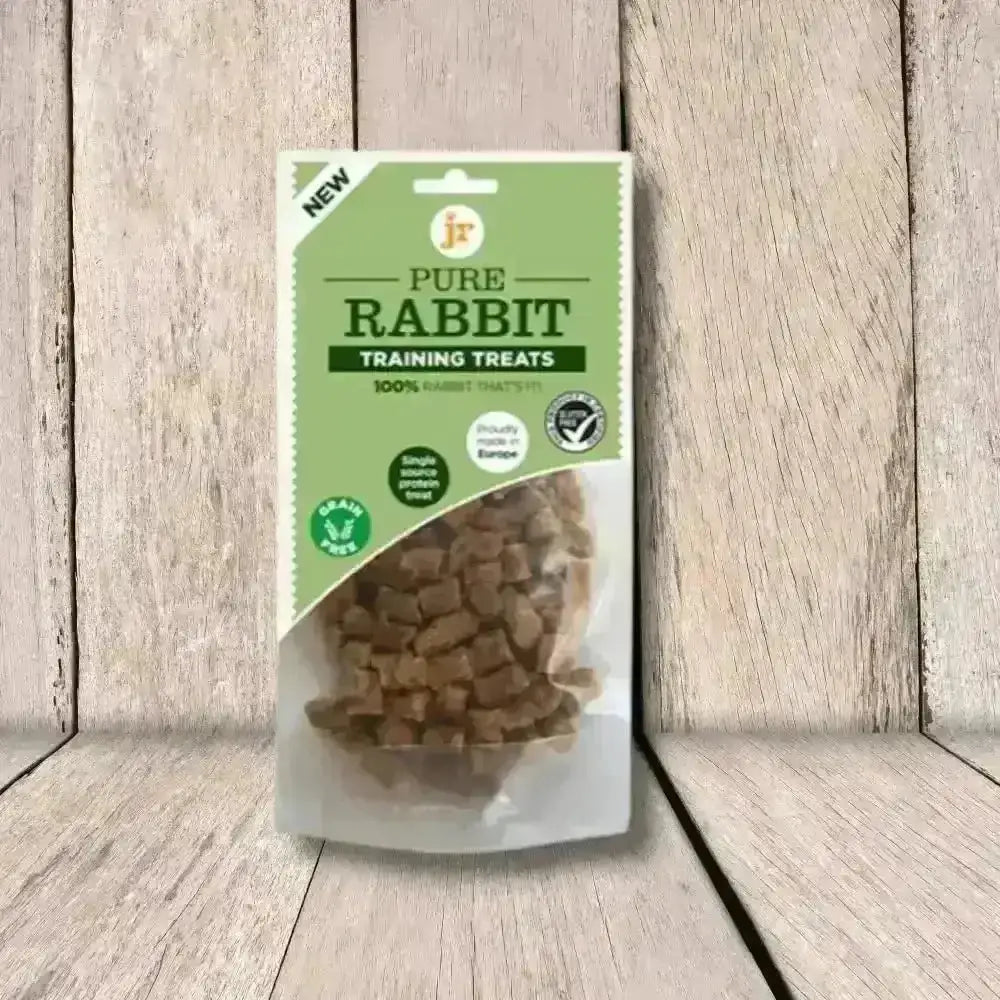 Pure rabbit training treats in clear plastic packaging with green accents by JR Pet Products