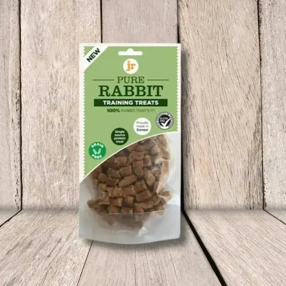 Pure rabbit training treats in clear plastic packaging with green accents by JR Pet Products