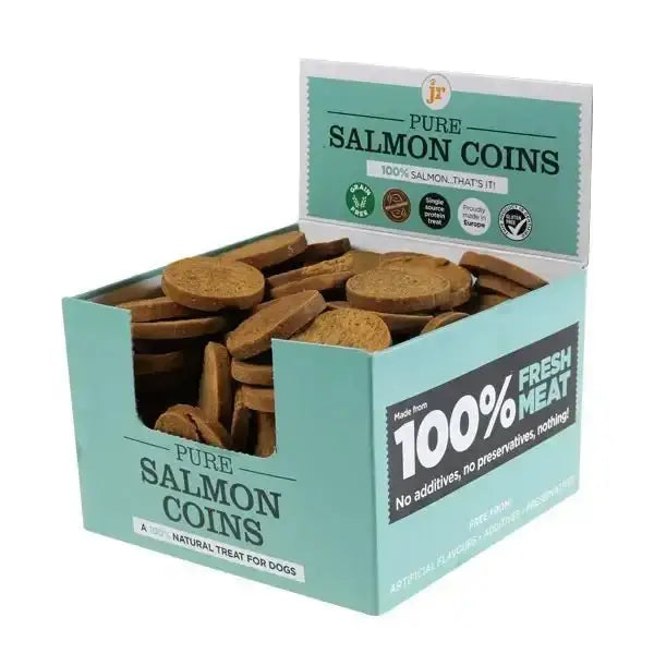 JR Pet Products Pure Salmon Coins dog treat box with 100% fresh meat salmon coins