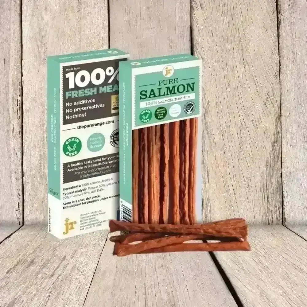 Pure Salmon Dog Treats Sticks from JR Pet Products, natural red-brown textured treats